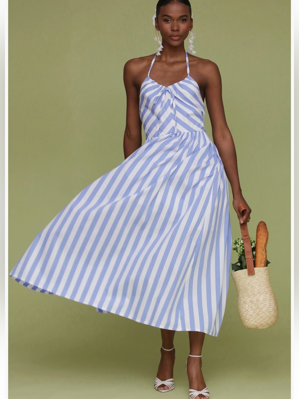 Avec Les Filles | Stripe Halter Neck Cotton Blend Midi Dress